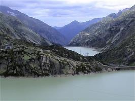 View back to the Grimsel Pass Dam (foreground) and Räterichs-bodensee, from 26.6 miles into the ride and 2036m above sea level